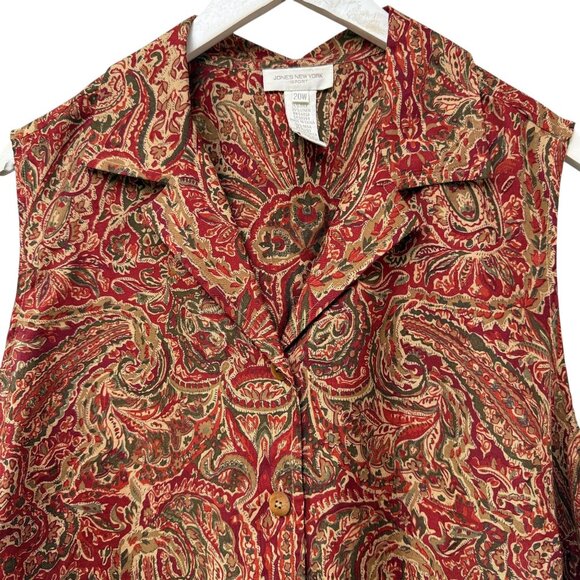 JONES NY Sleeveless Blouse Plus Size 20W Silk Linen Rust Red Paisley Womens Top - Picture 3 of 7